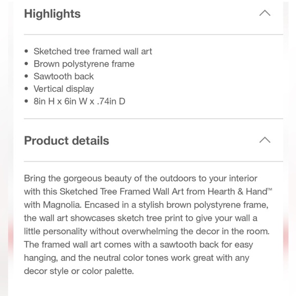 HEARTH & HAND NWT sketched tree framed wall art -6x8 - Picture 5 of 6